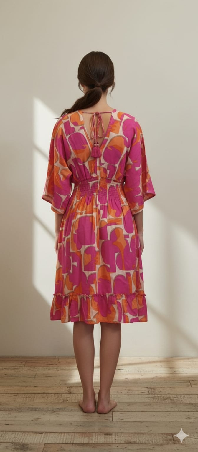 Pink & Orange Abstract Print Rayon Smocked Waist Midi Dresses | Dresses | Western Wear