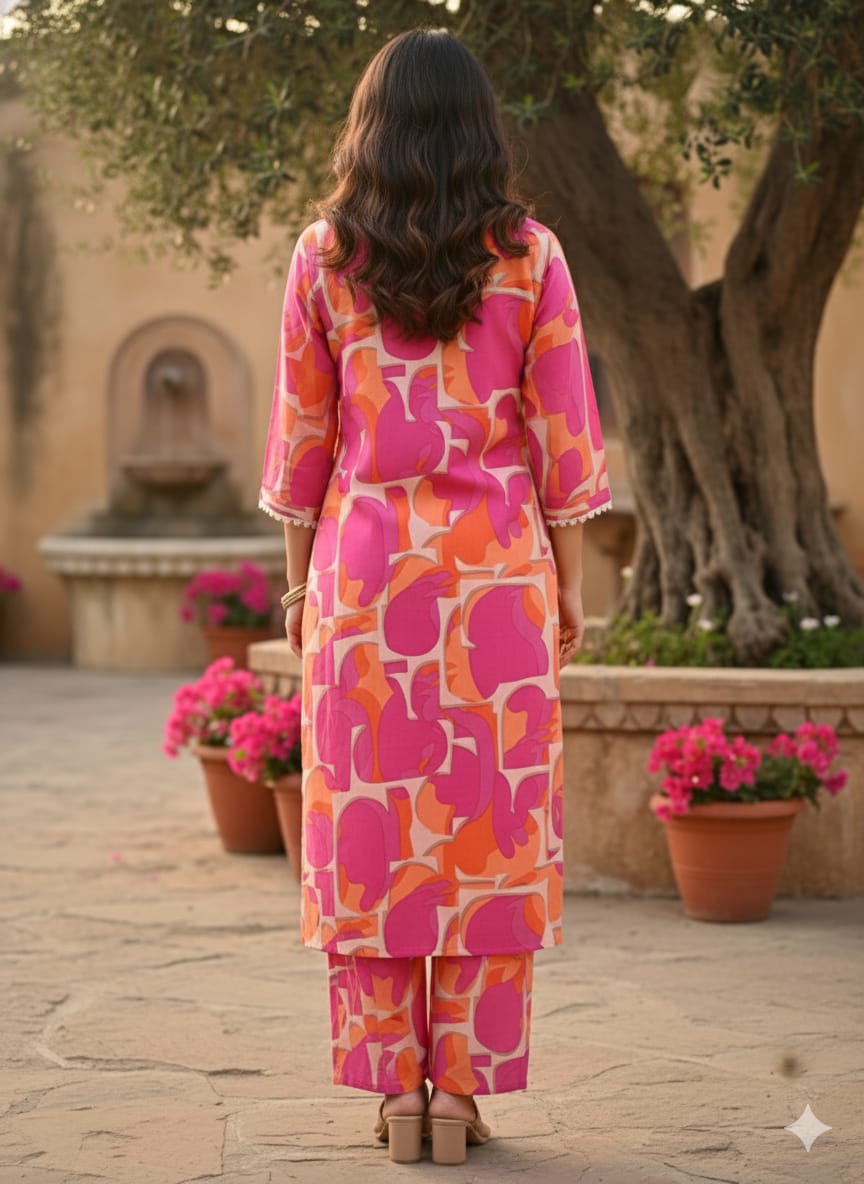 Vibrant Pink & Orange Abstract Printed Rayon Straight Kurta Set for Women - Suit Sets