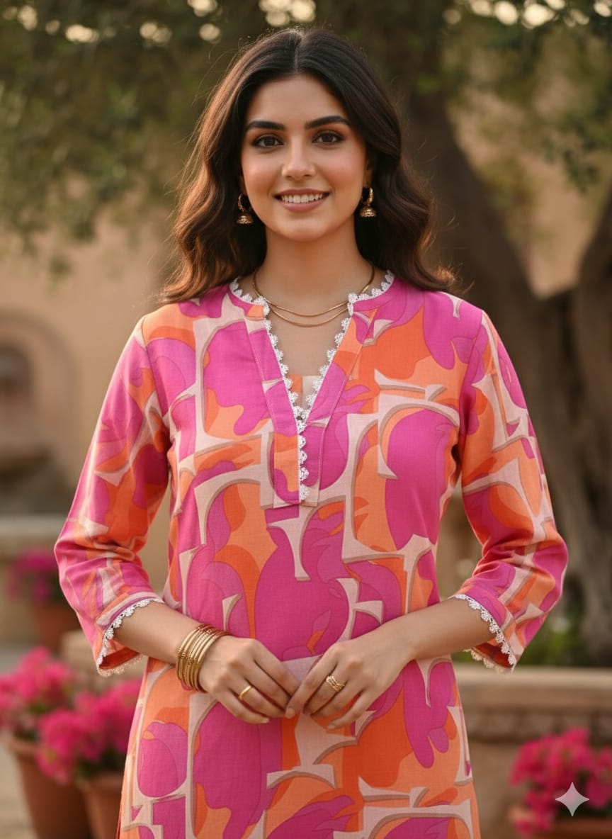 Vibrant Pink & Orange Abstract Printed Rayon Straight Kurta Set for Women - Suit Sets