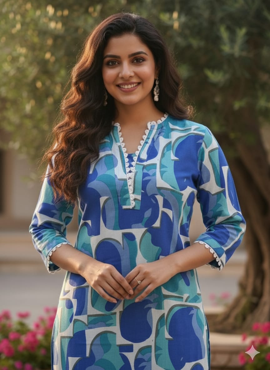 Blue & Teal Abstract Printed Rayon Straight Kurta Set for Women - Suit Sets