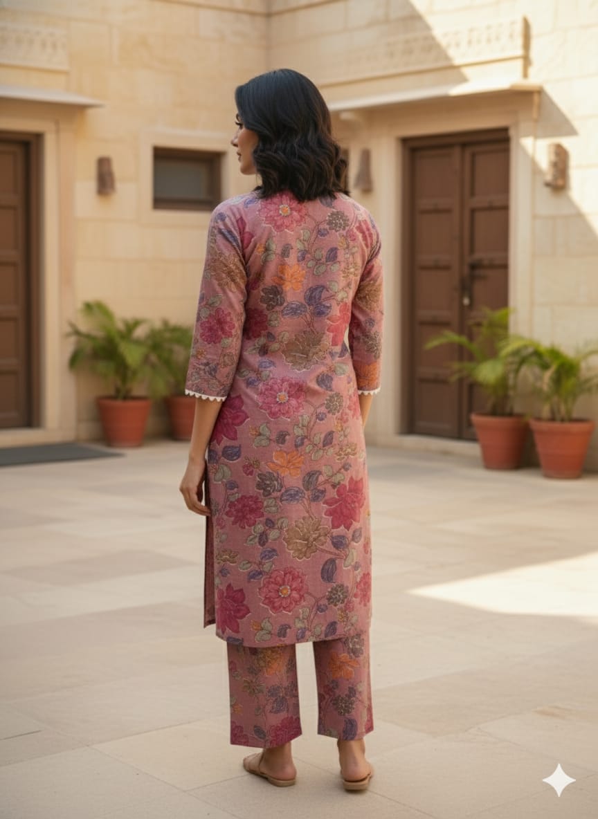 Dusty Rose Floral Printed 100% Cotton Straight Kurta Set for Women - Suit Sets