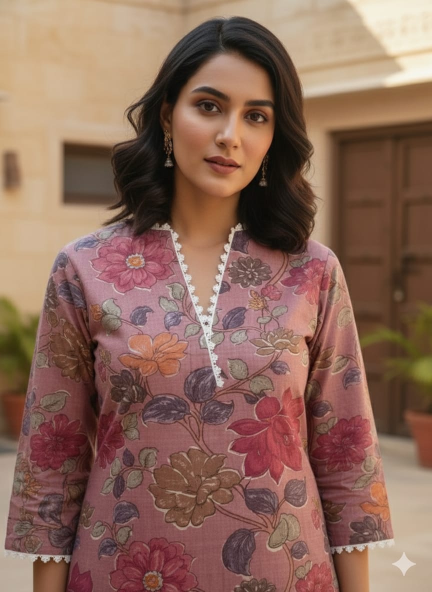 Dusty Rose Floral Printed 100% Cotton Straight Kurta Set for Women - Suit Sets