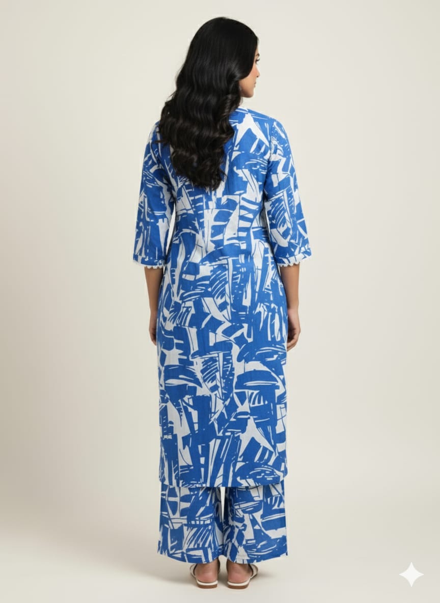 Blue Abstract Printed Cotton Suit Sets for Women - Ethnic & Casual Wear