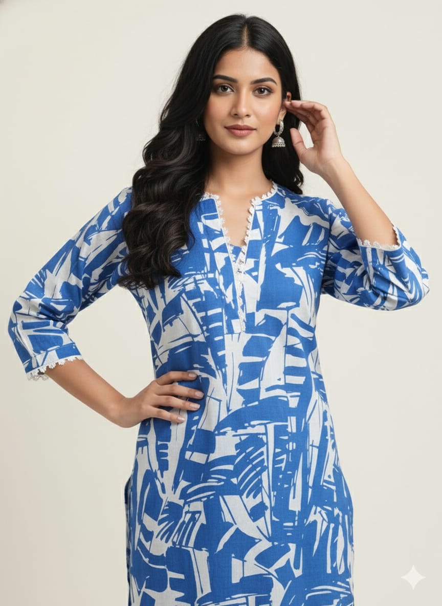 Blue Abstract Printed Cotton Suit Sets for Women - Ethnic & Casual Wear