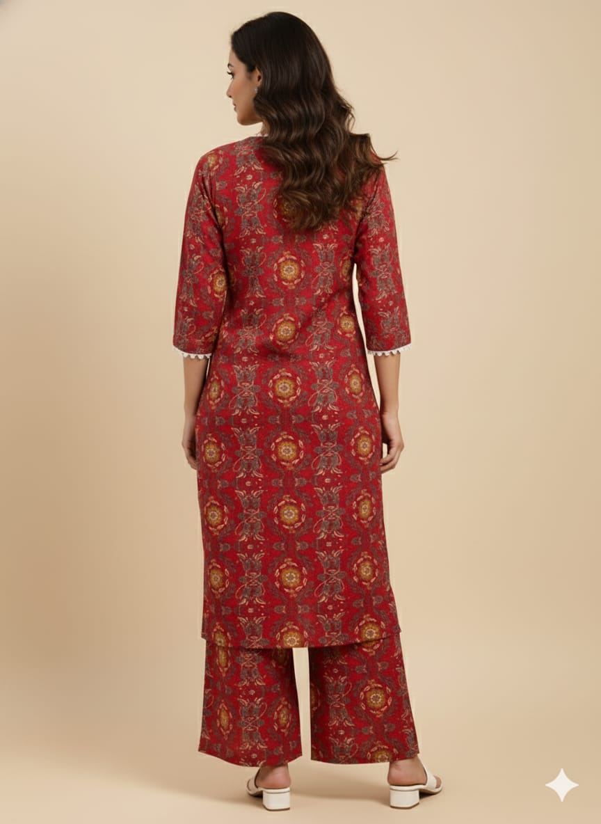 Red Printed Cotton Suit Sets for Women