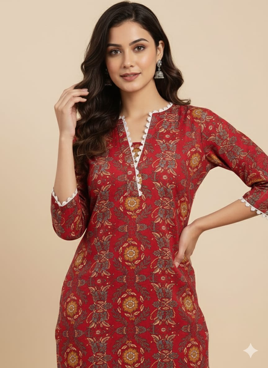 Red Printed Cotton Suit Sets for Women