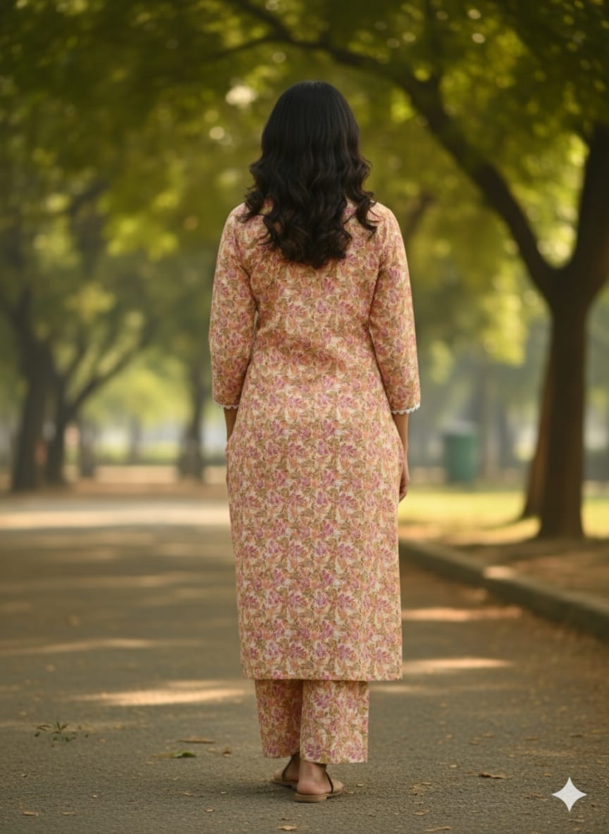 Women's Pink & Green Floral Print Cotton Straight Suit Sets