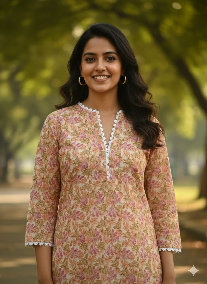 Women's Pink & Green Floral Print Cotton Straight Suit Sets