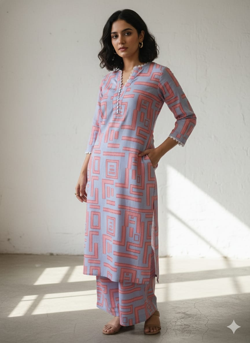 Women's Contemporary Geometric Print Rayon Suit Sets - Lavender & Peach