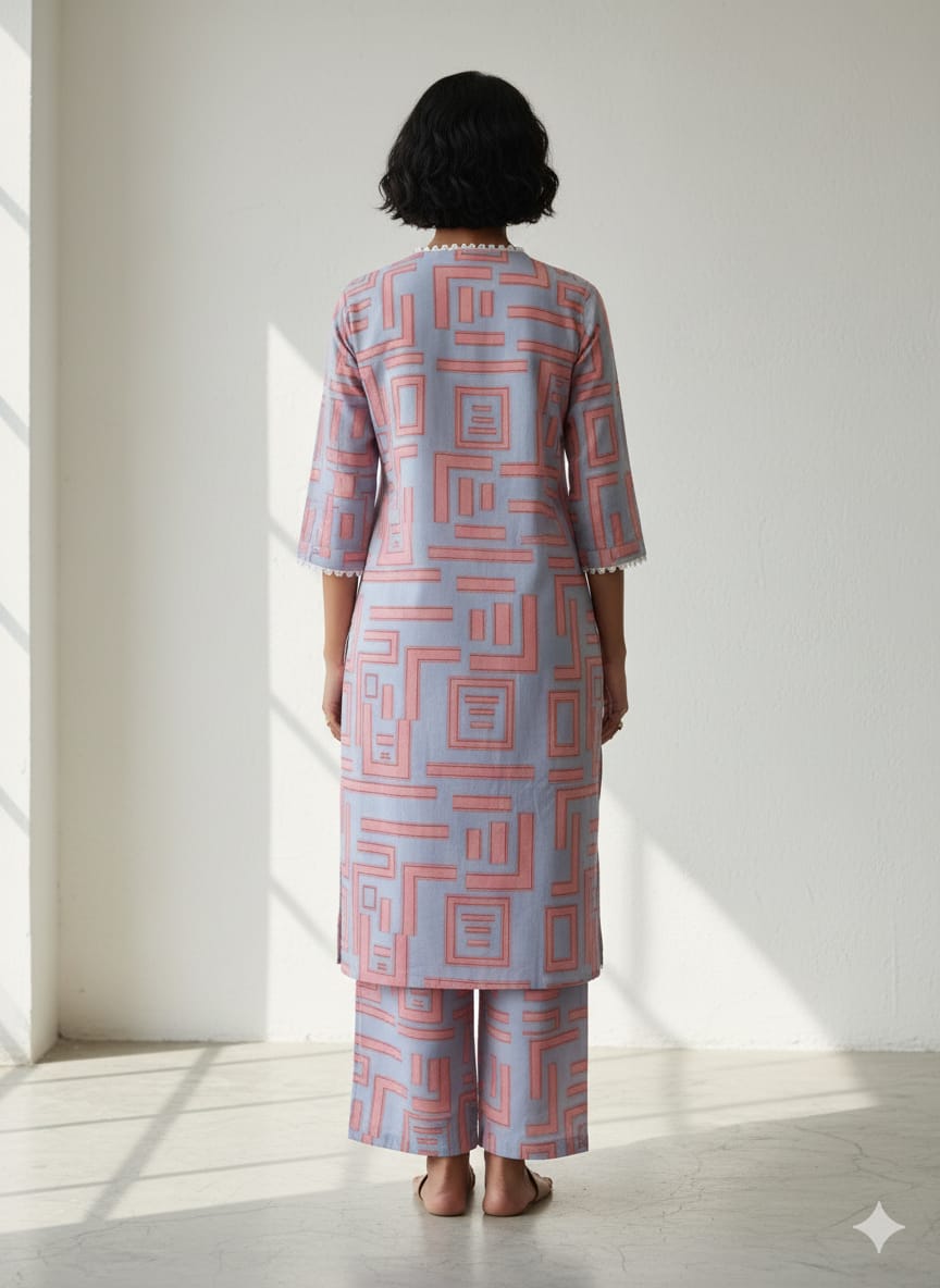 Women's Contemporary Geometric Print Rayon Suit Sets - Lavender & Peach