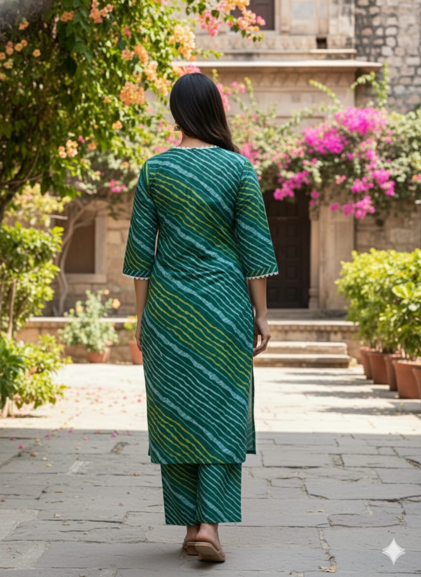 Women's Green Leheriya Print Cotton Suit Sets with Lace Trim