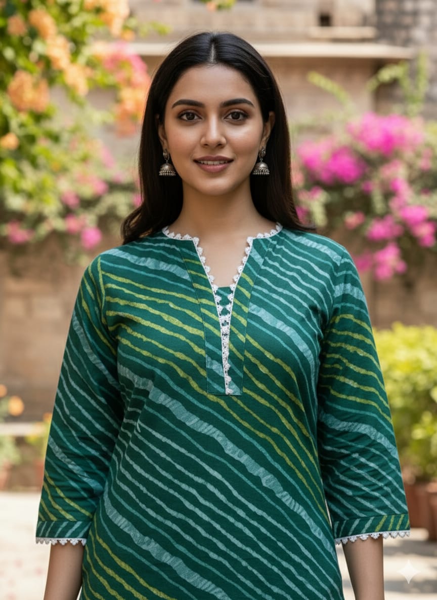 Women's Green Leheriya Print Cotton Suit Sets with Lace Trim