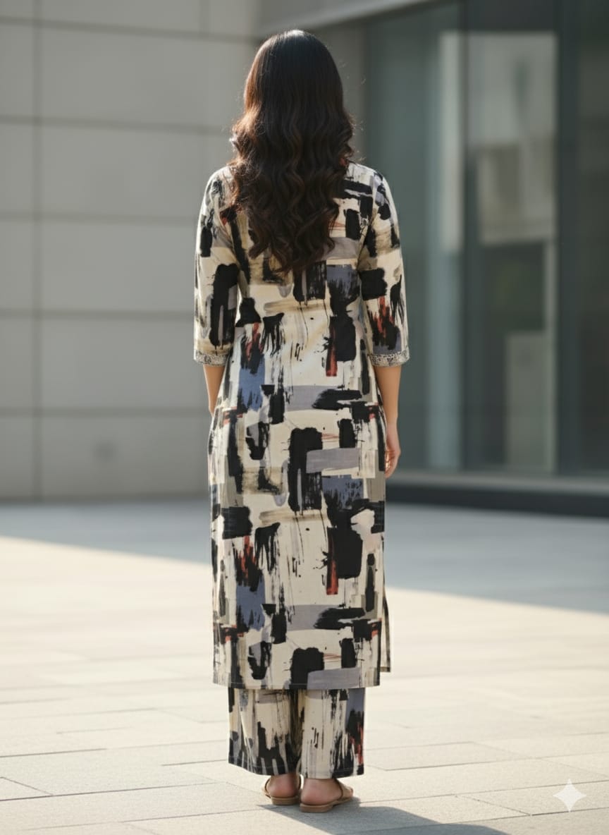 Women's Abstract Brushstroke Print Cotton Suit Sets - Beige & Black