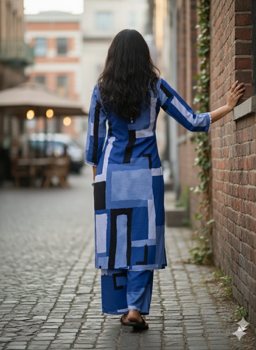 Women's Bold Geometric Block Print Rayon Suit Sets - Shades of Blue