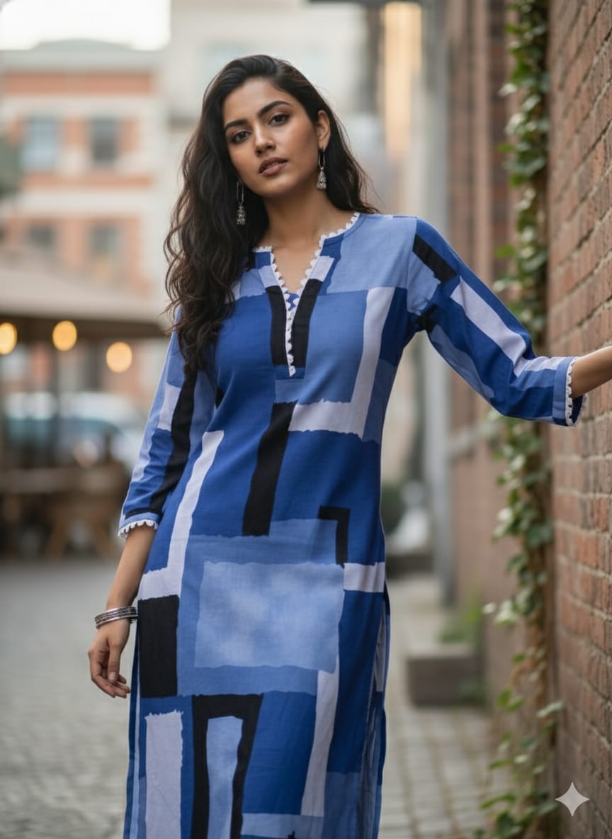 Women's Bold Geometric Block Print Rayon Suit Sets - Shades of Blue