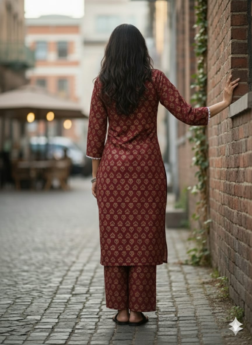 Women's Maroon & Gold Traditional Print Chanderi Silk Blend Suit Sets