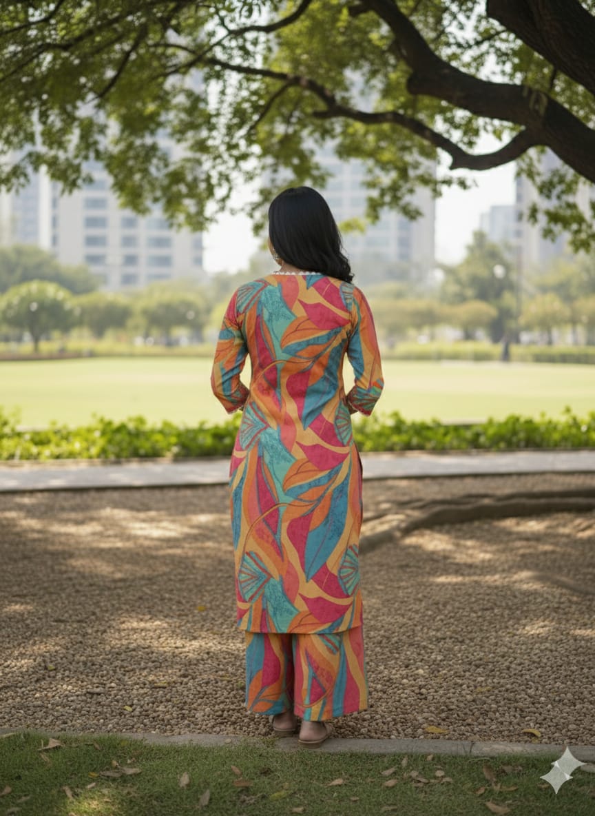 Women's Vibrant Tropical Leaf Print Cotton Suit Sets - Multi-Color
