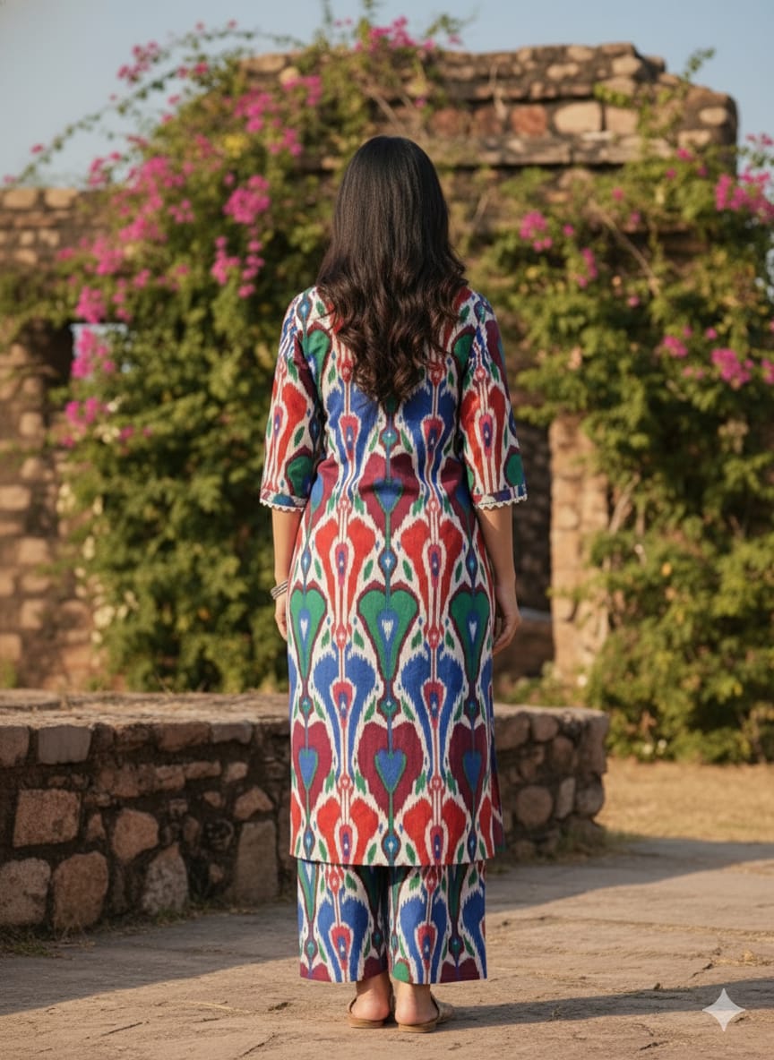 Women's Vibrant Ikat Print Cotton Suit Sets - Red, Blue & Green