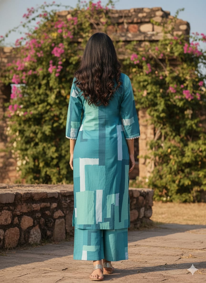 Women's Monochromatic Blue Geometric Print Rayon Suit Sets - Long Kurta