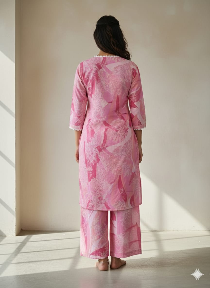 Women's Pastel Pink Abstract Print Cotton Suit Sets with Lace Trim