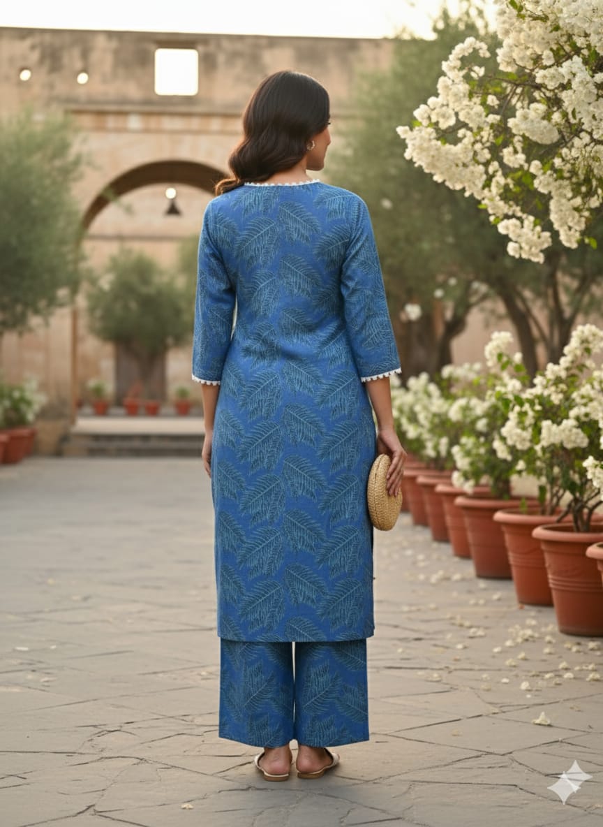 Women's Blue Botanical Print Rayon Suit Sets with White Lace