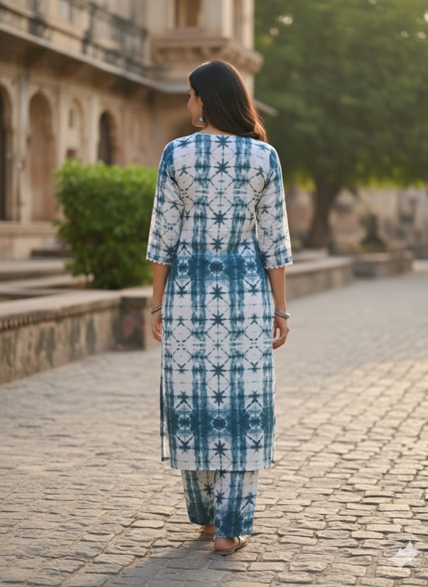 Women's Indigo & White Tie-Dye Rayon Suit Sets with Lace Trim