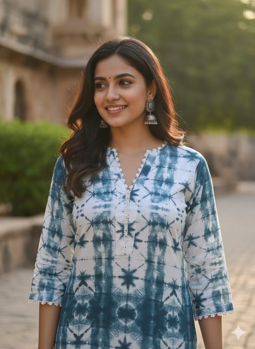 Women's Indigo & White Tie-Dye Rayon Suit Sets with Lace Trim