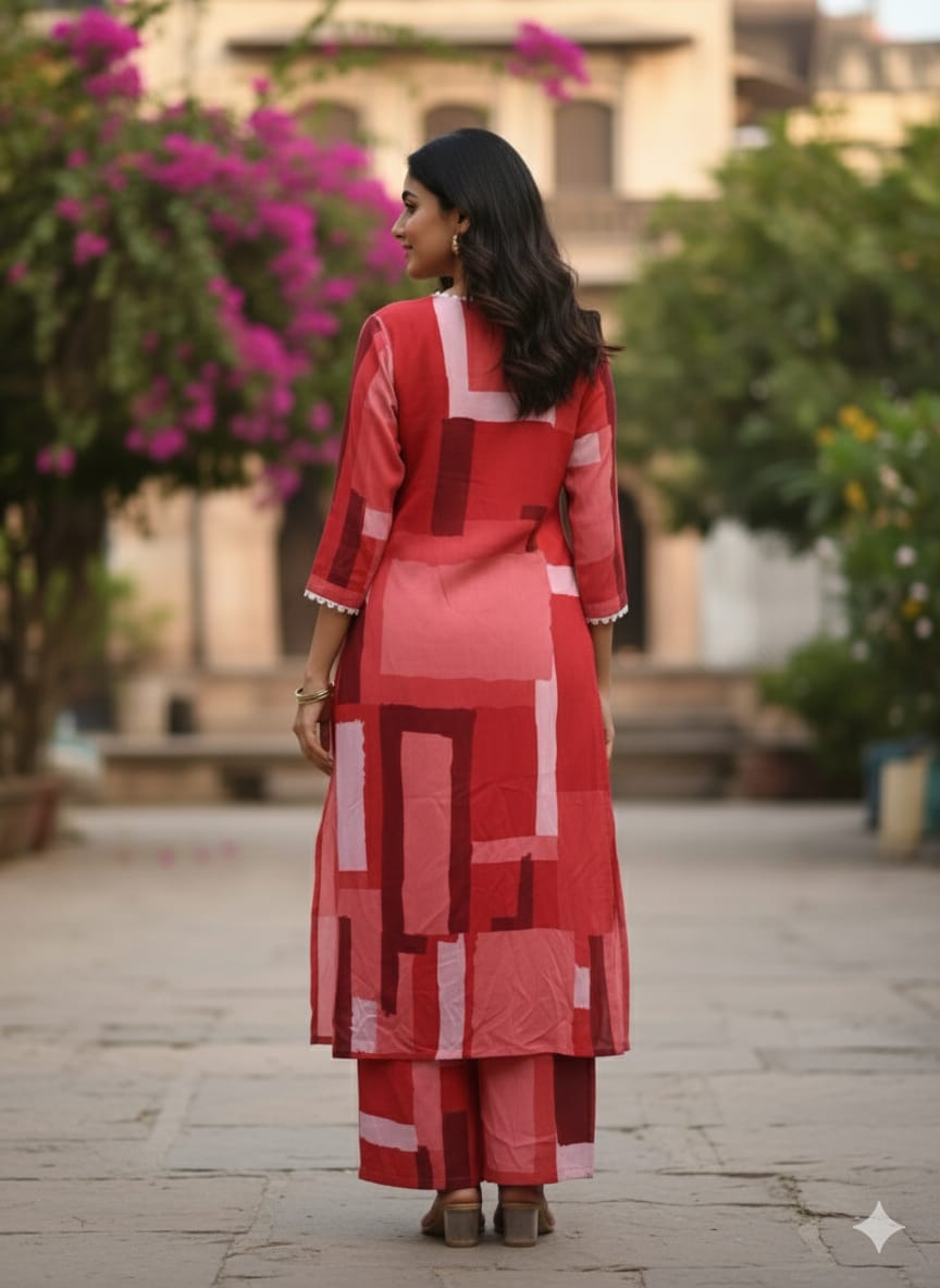 Women's Flared Red Geometric Block Print Rayon Suit Sets