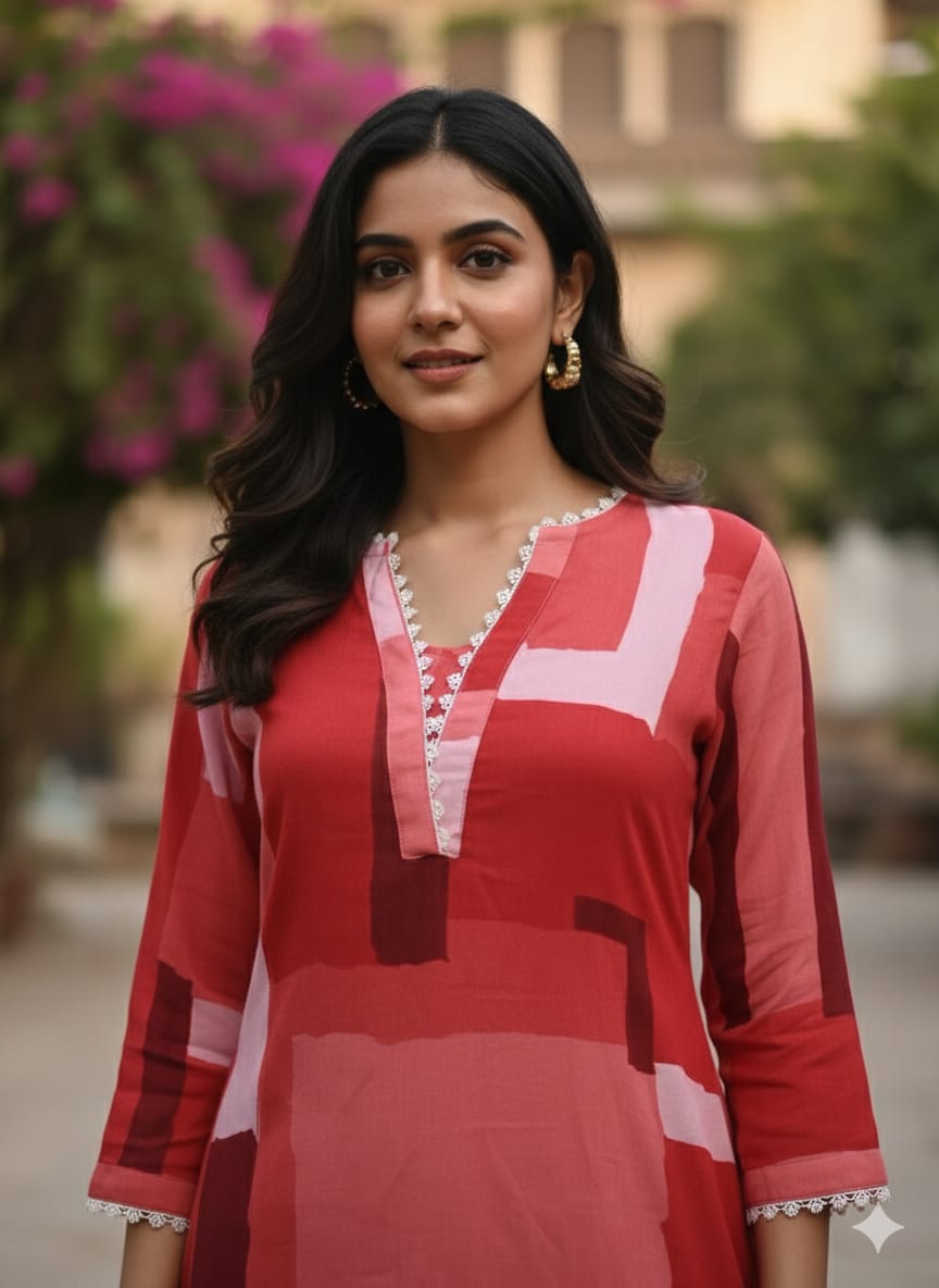 Women's Flared Red Geometric Block Print Rayon Suit Sets