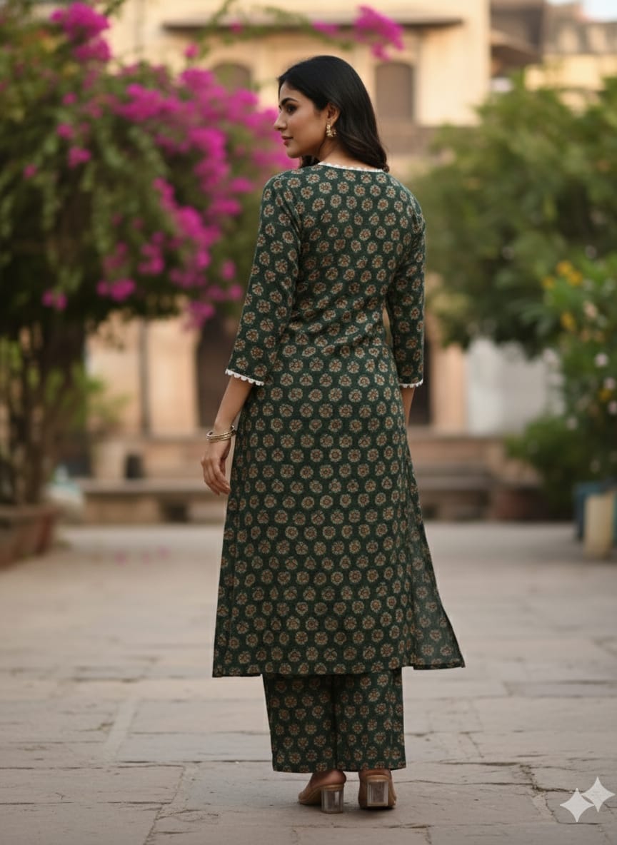 Women's Forest Green Traditional Motif Chanderi Suit Sets