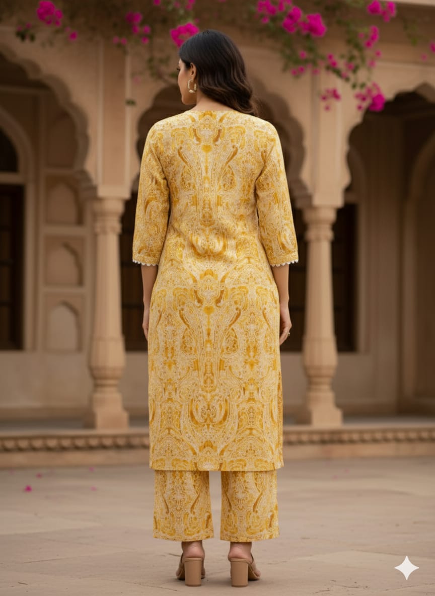 Women's Sunny Yellow Paisley Print Rayon Suit Sets