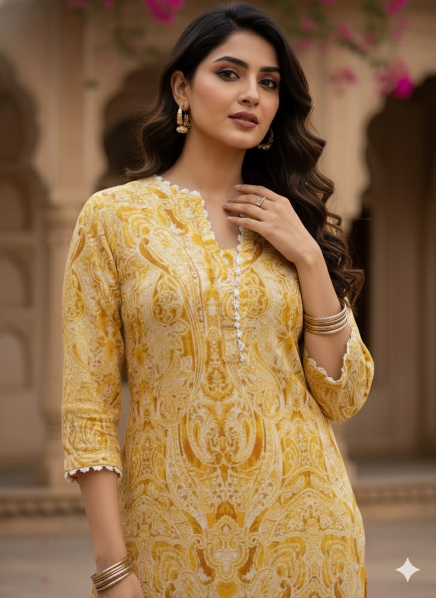 Women's Sunny Yellow Paisley Print Rayon Suit Sets