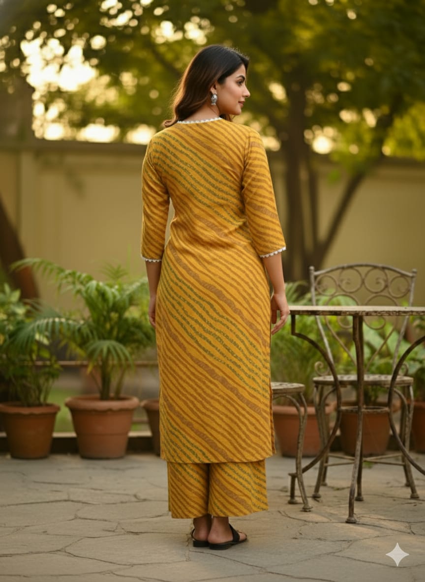 Women's Sunny Yellow Leheriya Print Cotton Suit Sets