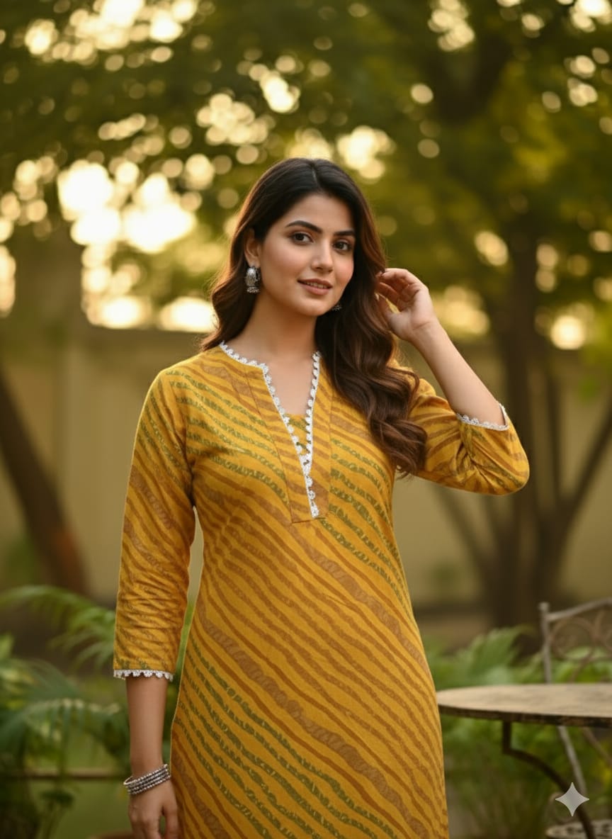 Women's Sunny Yellow Leheriya Print Cotton Suit Sets
