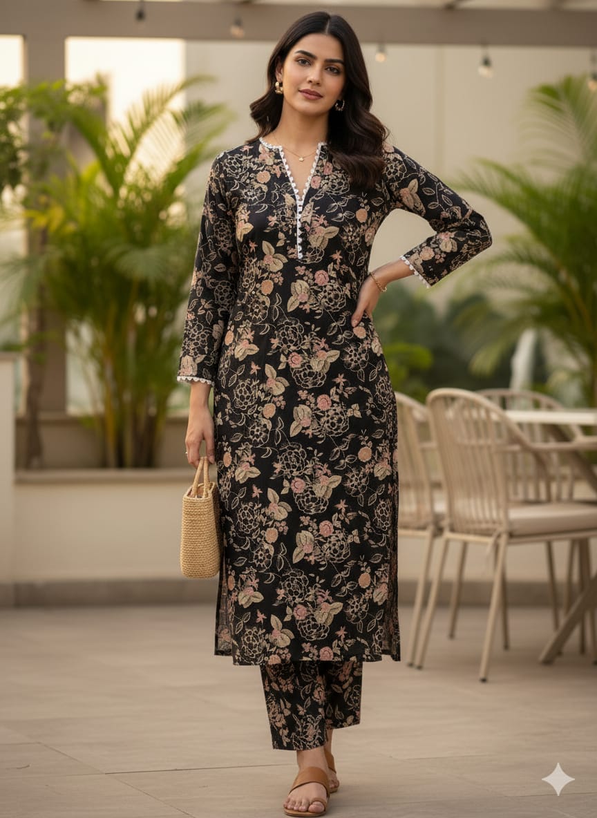 Women's Elegant Black Floral Print Cotton Suit Sets