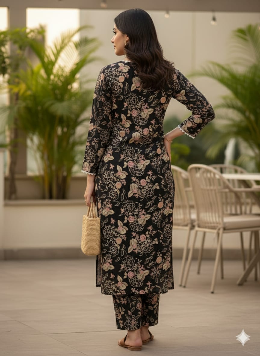 Women's Elegant Black Floral Print Cotton Suit Sets