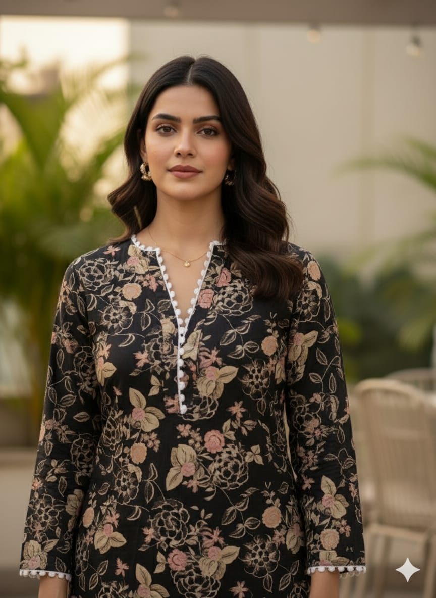 Women's Elegant Black Floral Print Cotton Suit Sets