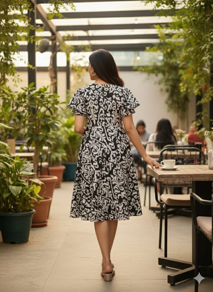 Chic Monochrome Floral Print Flared Dress - Ruffle Sleeve Midi Dresses | Western Wear