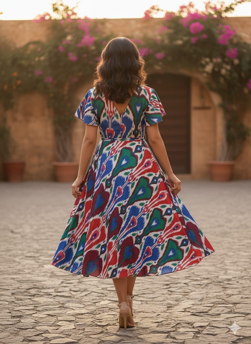 Vibrant Multicolor Ikat Print Cotton Fit & Flare Midi Dresses | Western Wear