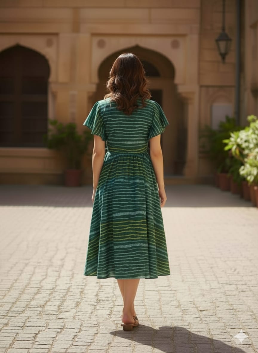 Green Handcrafted Cotton Striped Fit & Flare Midi Dresses | Western Wear