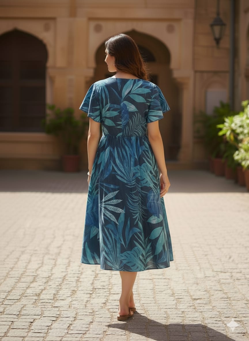 Women's Blue Tropical Leaf Print Cotton Flared Midi Dresses | Western Wear