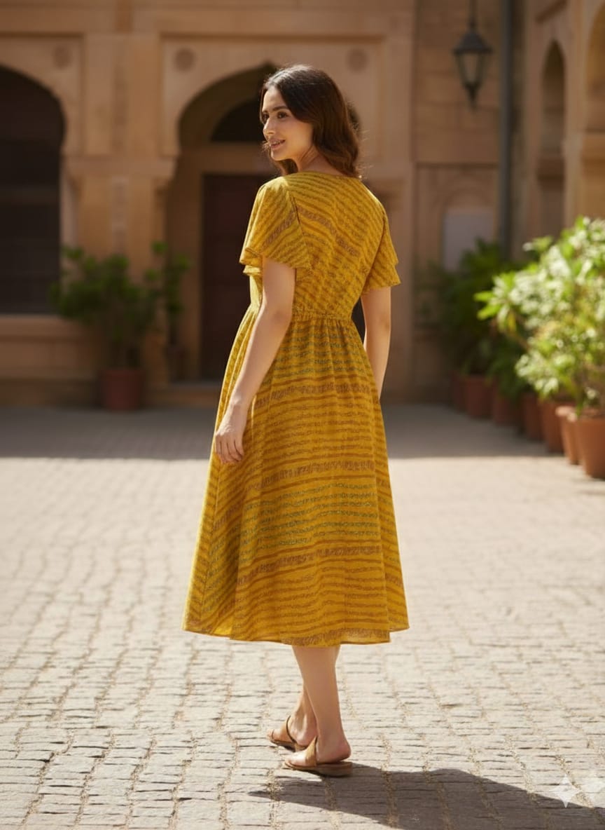 Women's Mustard Yellow Leheriya Print Cotton Wrap Midi Dresses | Western Wear