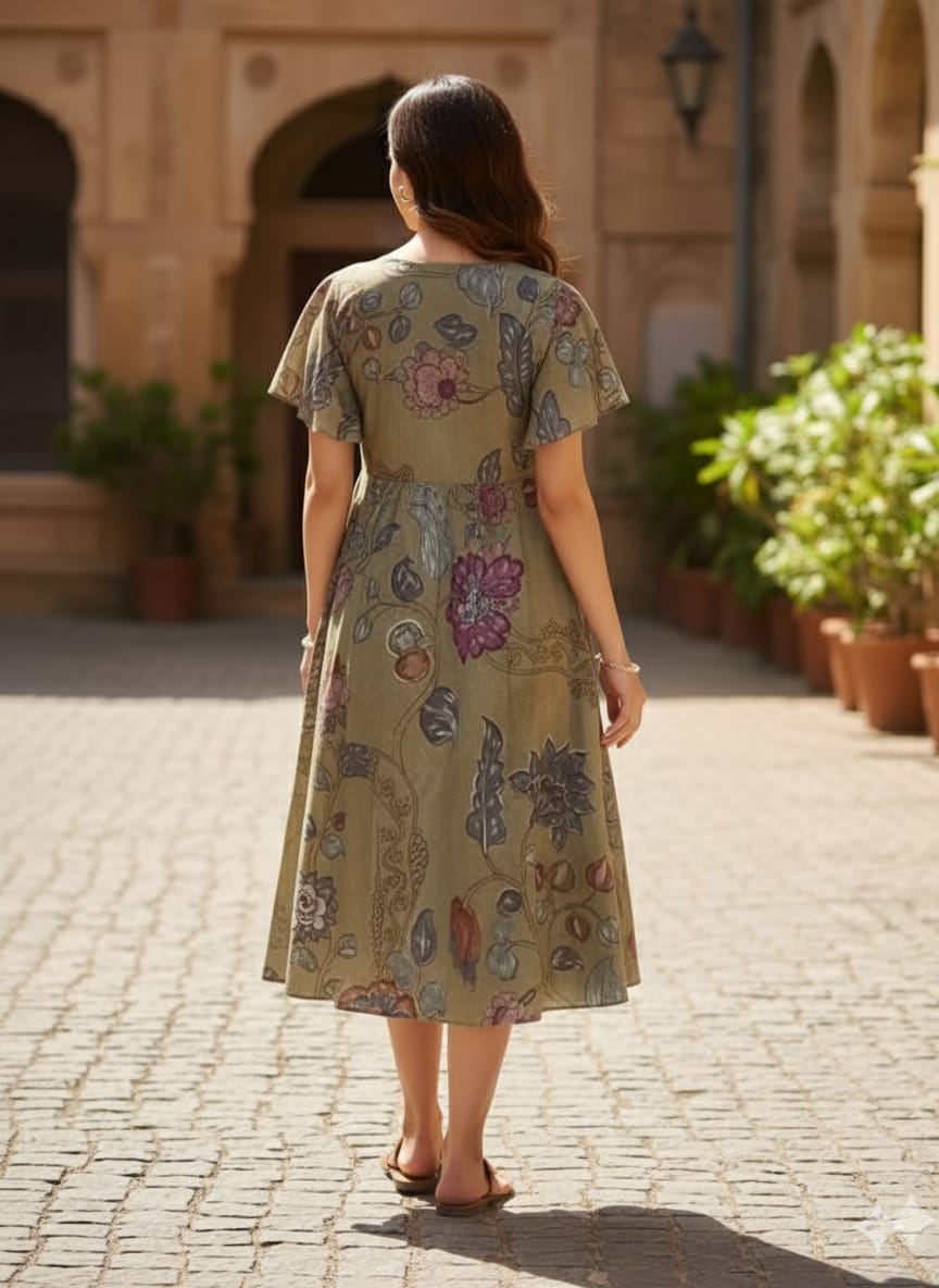Olive Green Floral Cotton Midi Dresses with Flared Sleeves | Western Wear