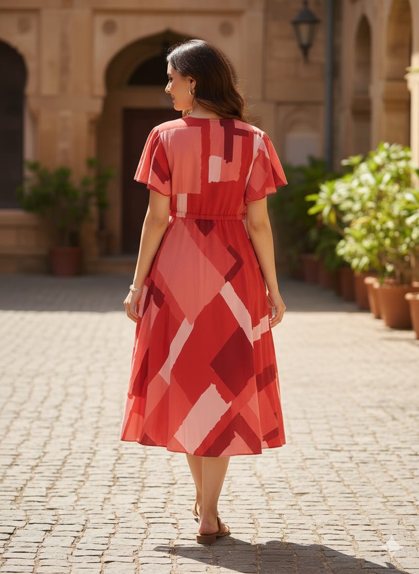 Aawari Red Abstract Print Rayon Midi Dresses for Women | Western Wear
