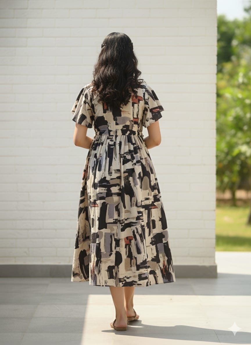 Abstract Print V-Neck Cotton Midi Dresses with Flutter Sleeves | Western Wear