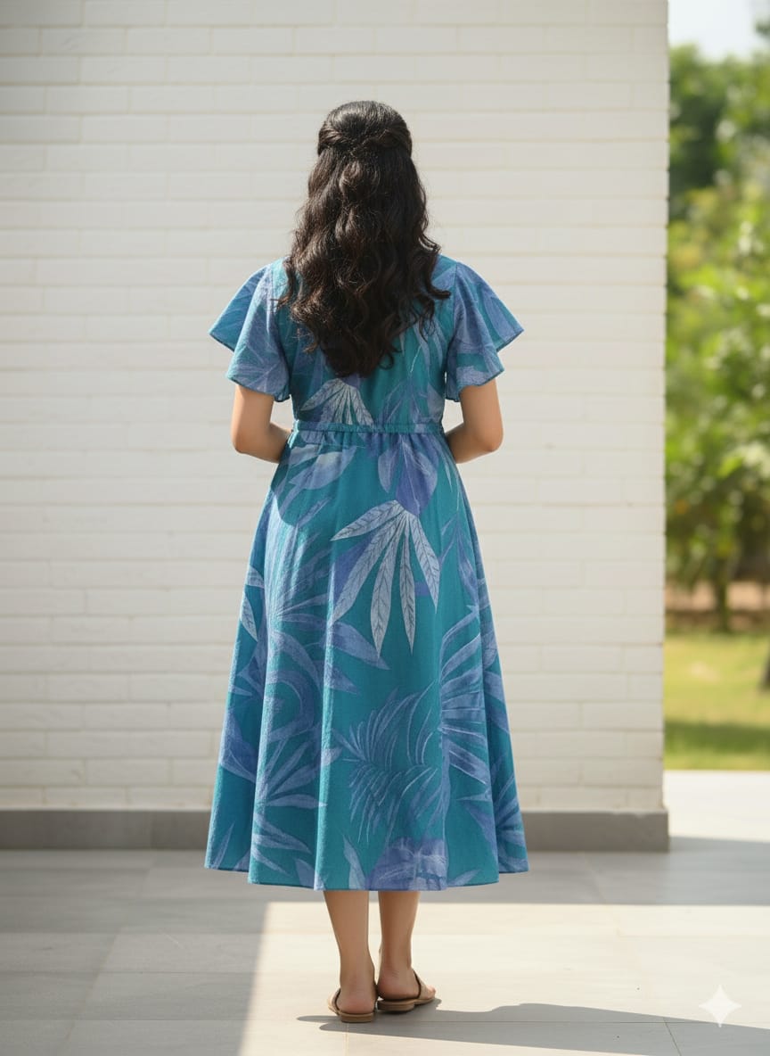 Tropical Leaf Print V-Neck Cotton Midi Dresses with Flutter Sleeves | Western Wear