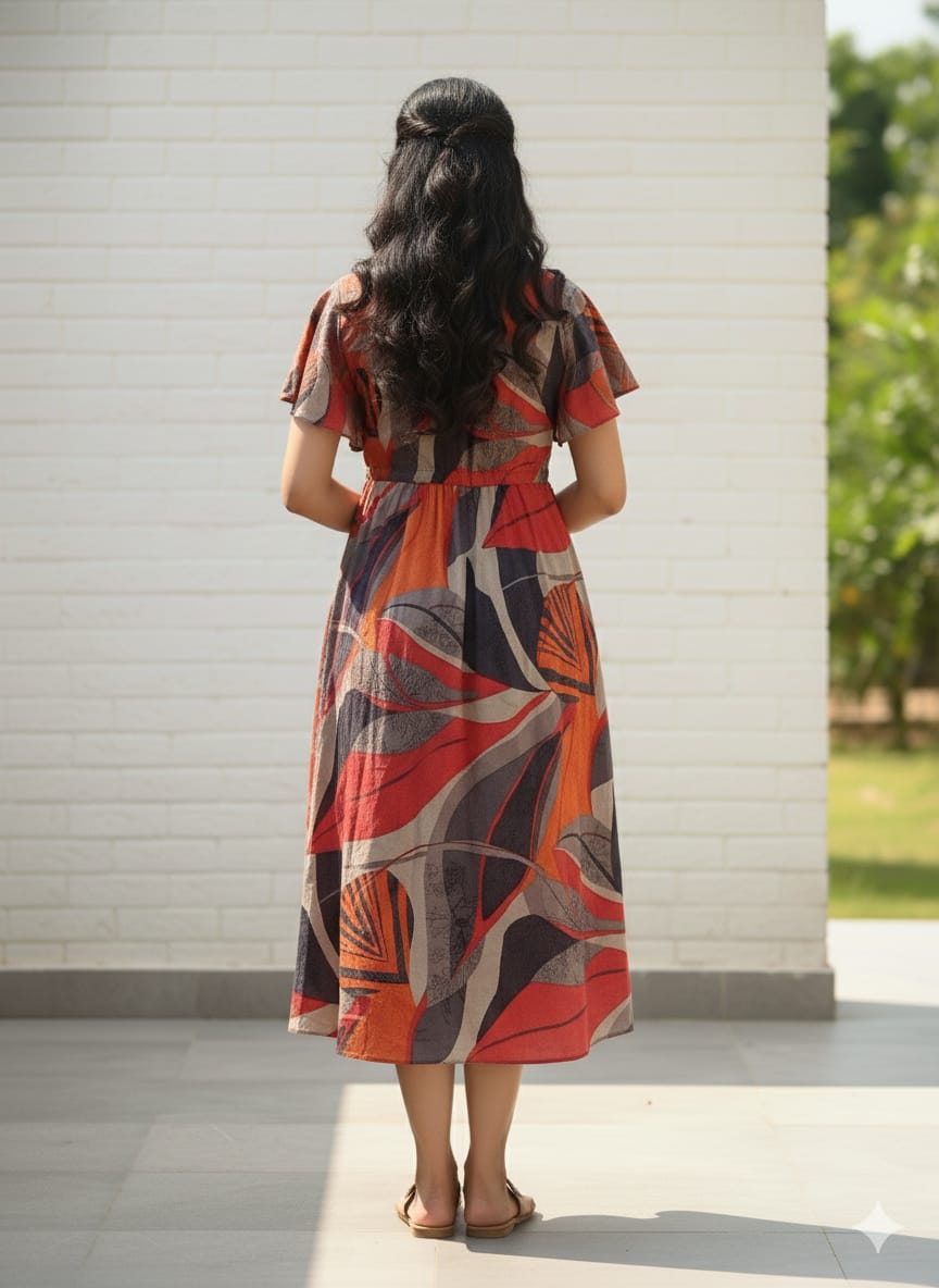 Rust & Charcoal Abstract Cotton Midi Dresses with Flutter Sleeves | Western Wear