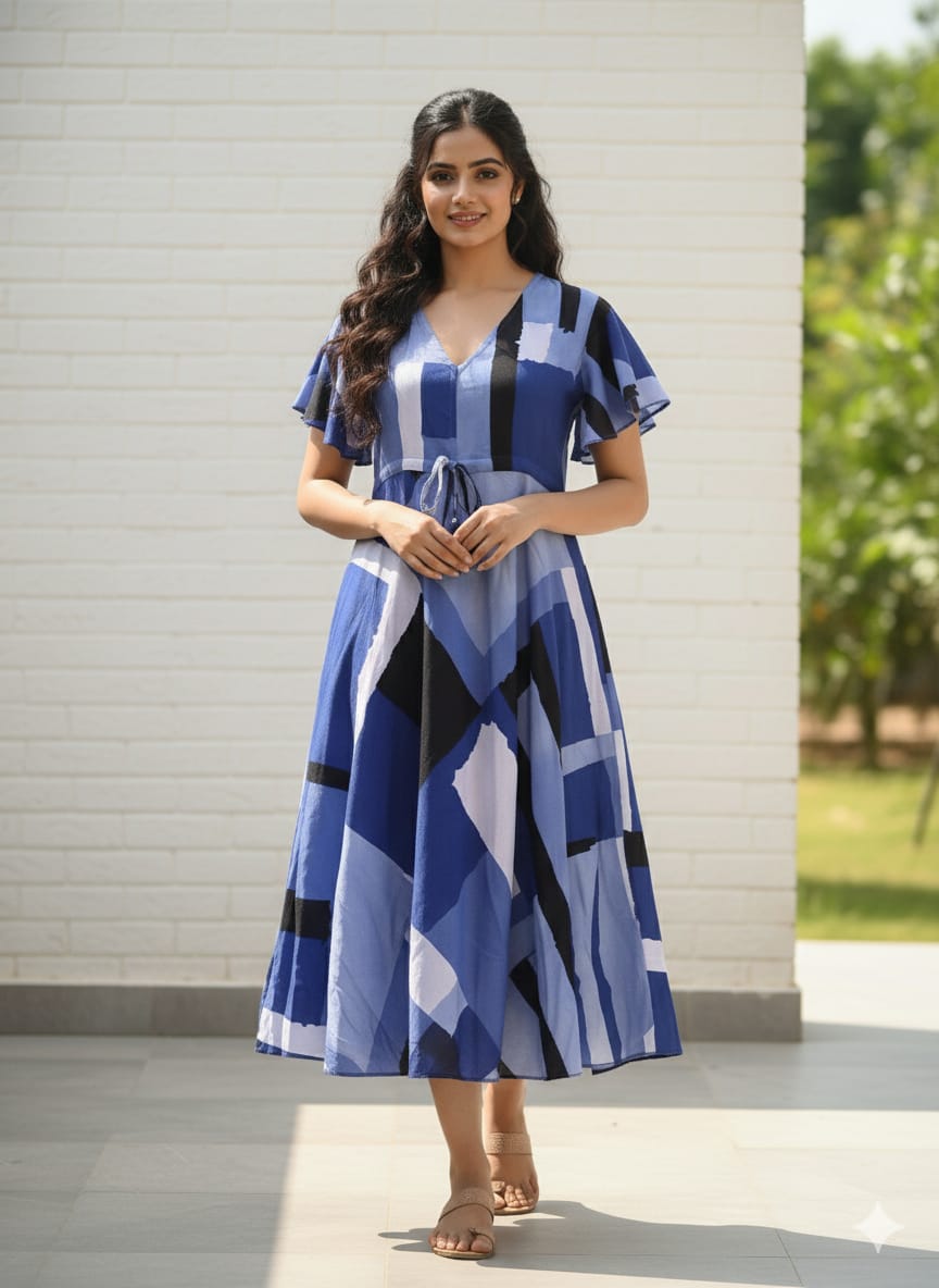 Bold Blue Geometric Block Print V-Neck Rayon Midi Dresses | Western Wear