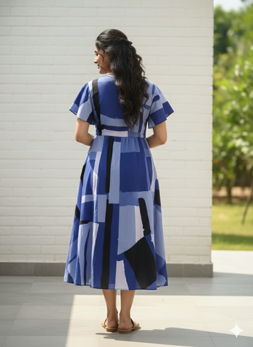 Bold Blue Geometric Block Print V-Neck Rayon Midi Dresses | Western Wear