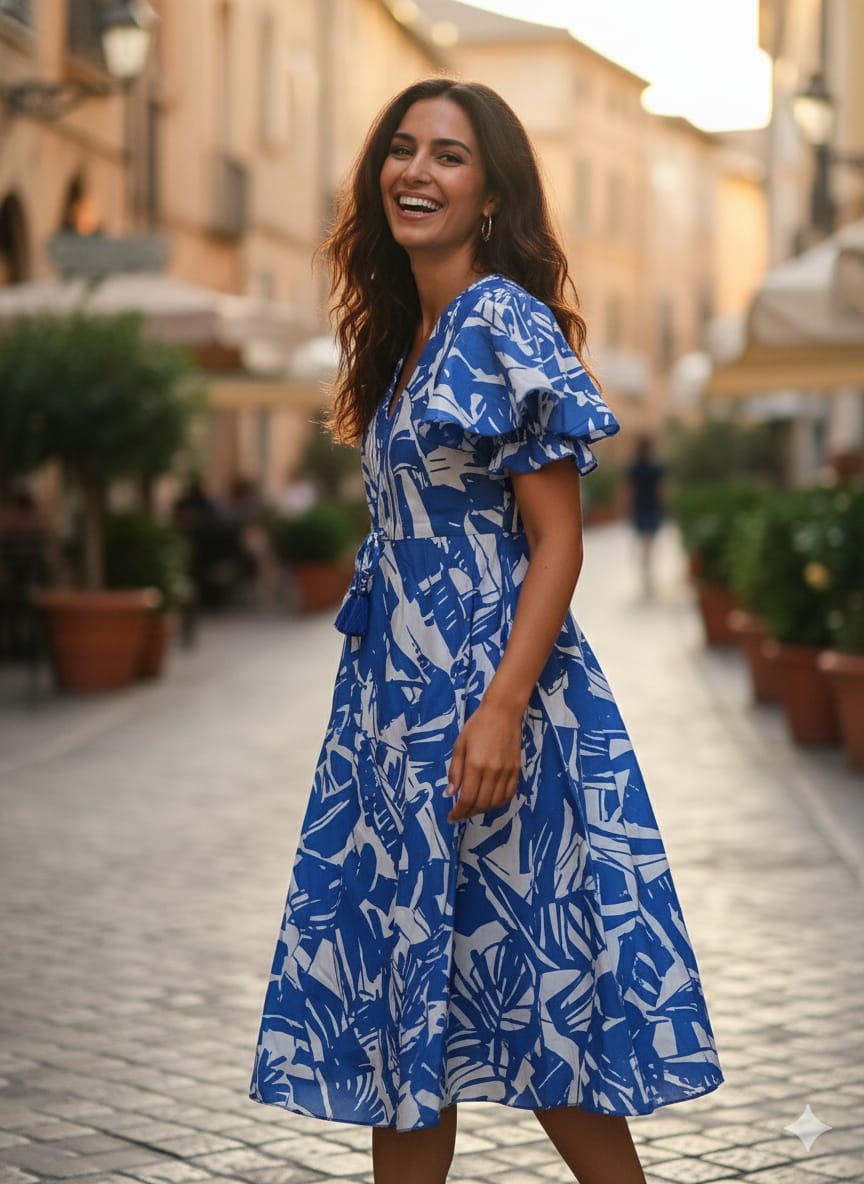 Cobalt Blue & White Abstract Print Cotton Midi Dresses with Puff Sleeves | Western Wear